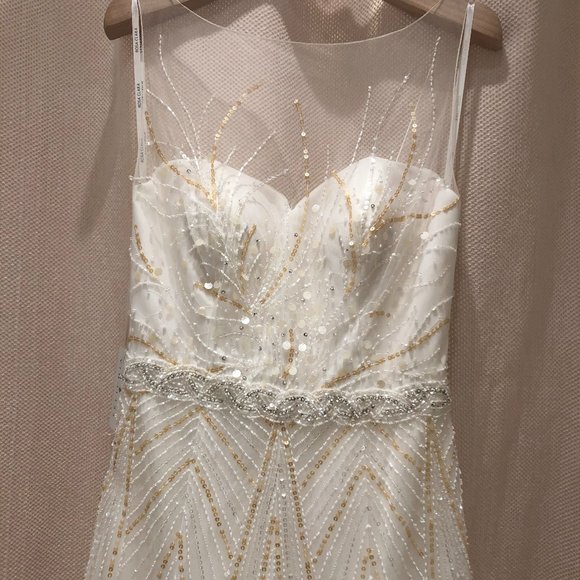 Ivory, beading, yellow and white sequins, illusion neckline - Picture 2 of 5